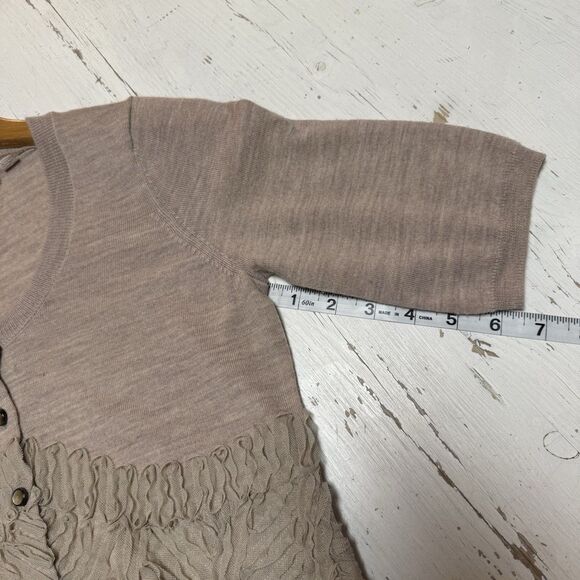 KNITTED & KNOTTED Anthropologie S Beige Wool Cardigan Sweater Cat Eye Ruffles - Picture 13 of 13